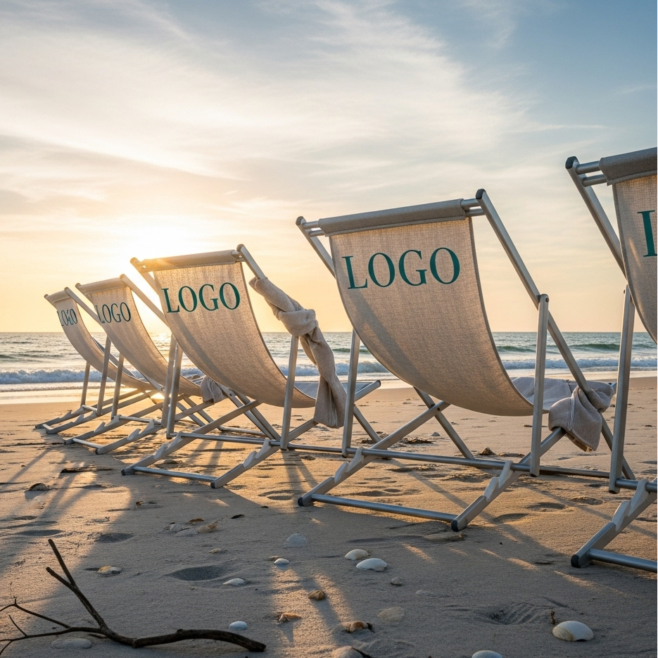 Materiałowe leżaki z napisem "LOGO" na plaży o zachodzie słońca.