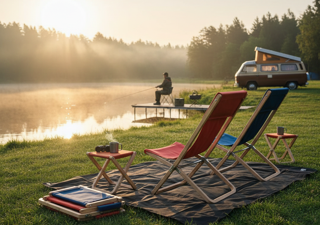 Dwa drewniane leżaki turystyczne (czerwony i niebieski) oraz składane taborety ustawione na brzegu jeziora o świcie, z kamperem i wędkarzem w tle