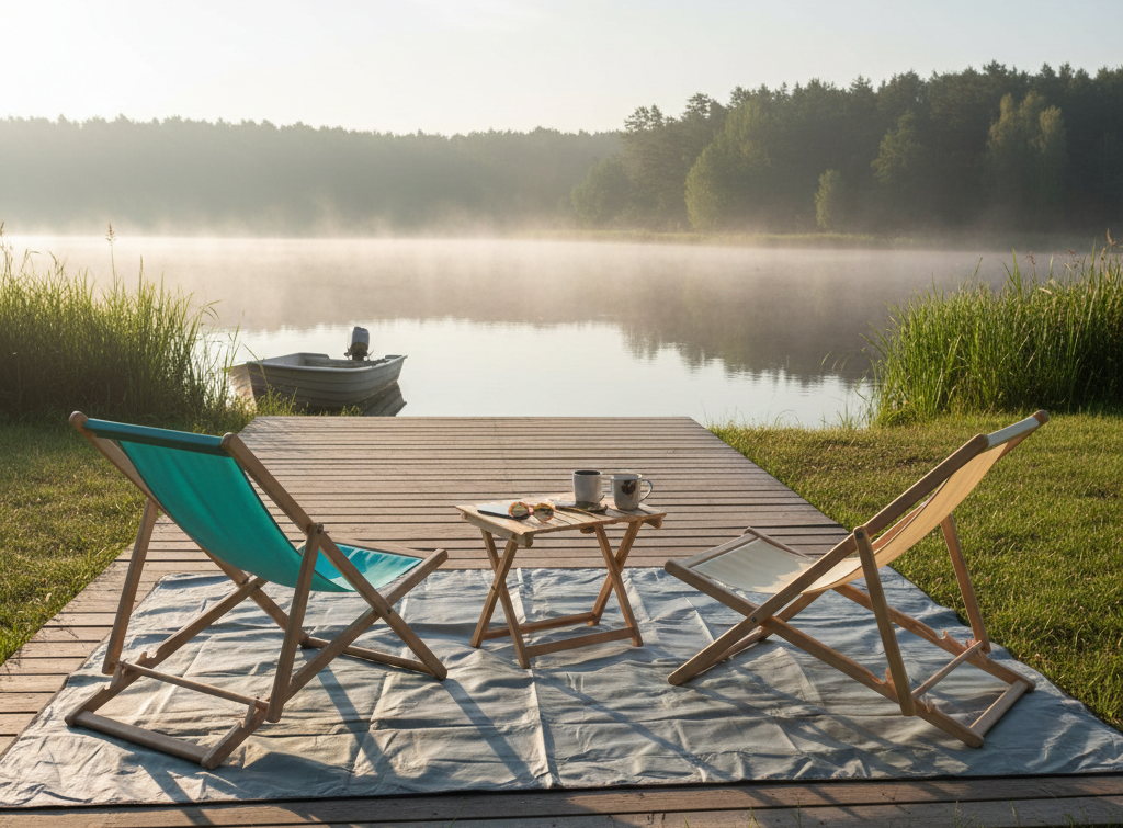 Składane leżaki bukowe z morskim i kremowym poszyciem ustawione na drewnianym pomoście nad mglistym jeziorem, obok małego stolika kawowego