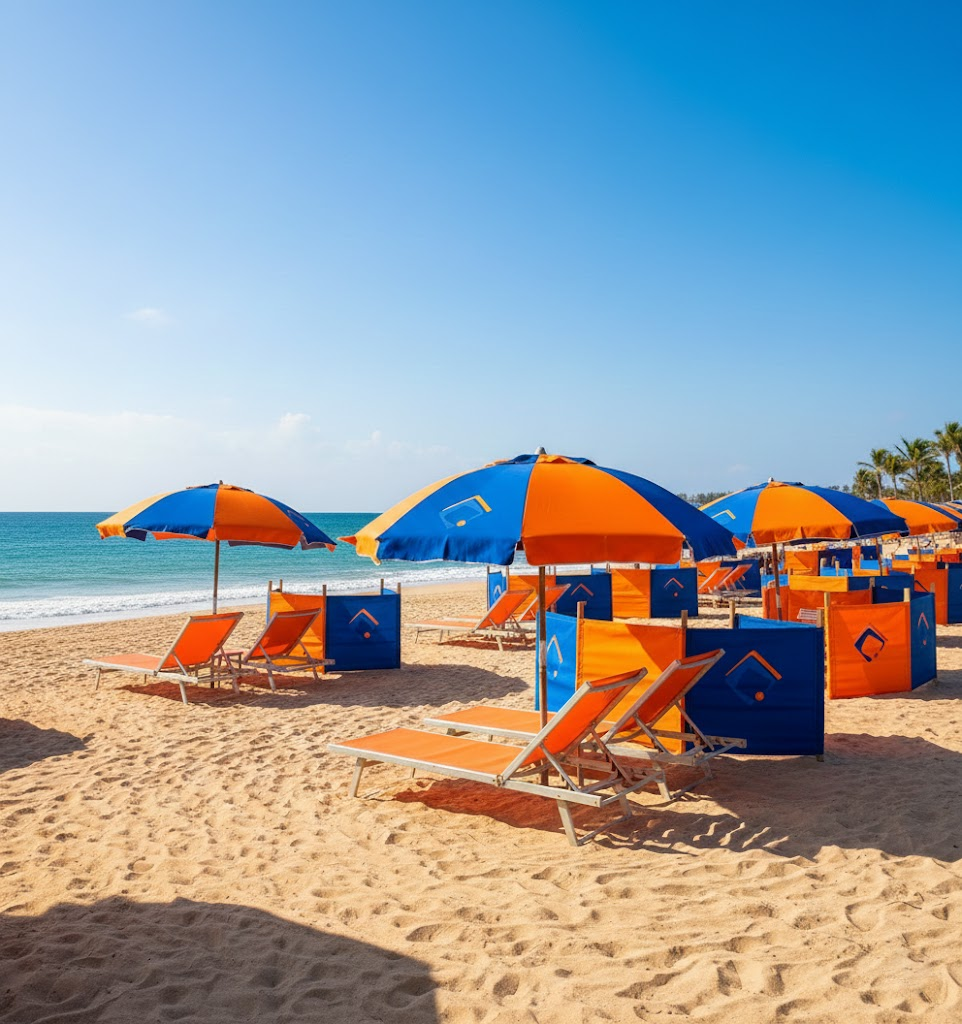 Plaża z parawanami i leżakami z widocznym logiem.