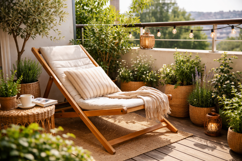 Leżak drewniany na balkonie